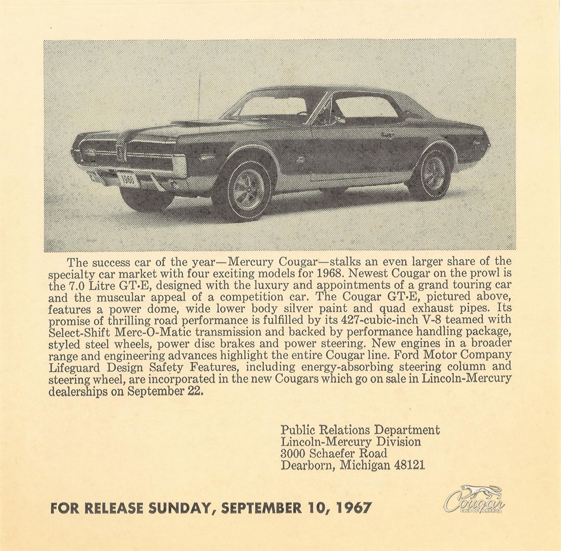 1968 Mercury Cougar GT-E Press Release