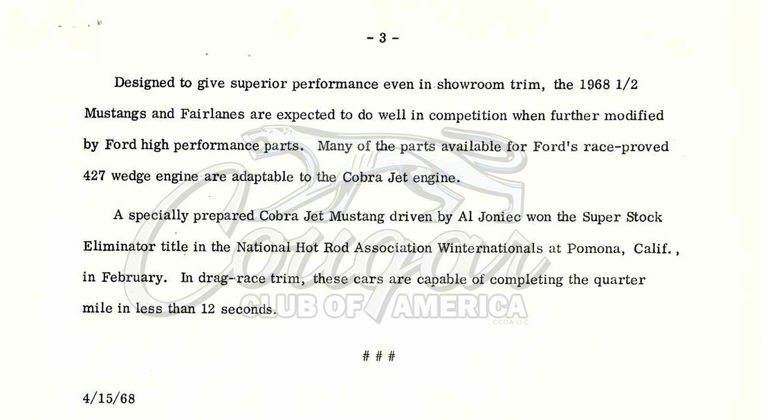 Ford Press Release for the 428 Cobra Jet Engine 04-15-1968