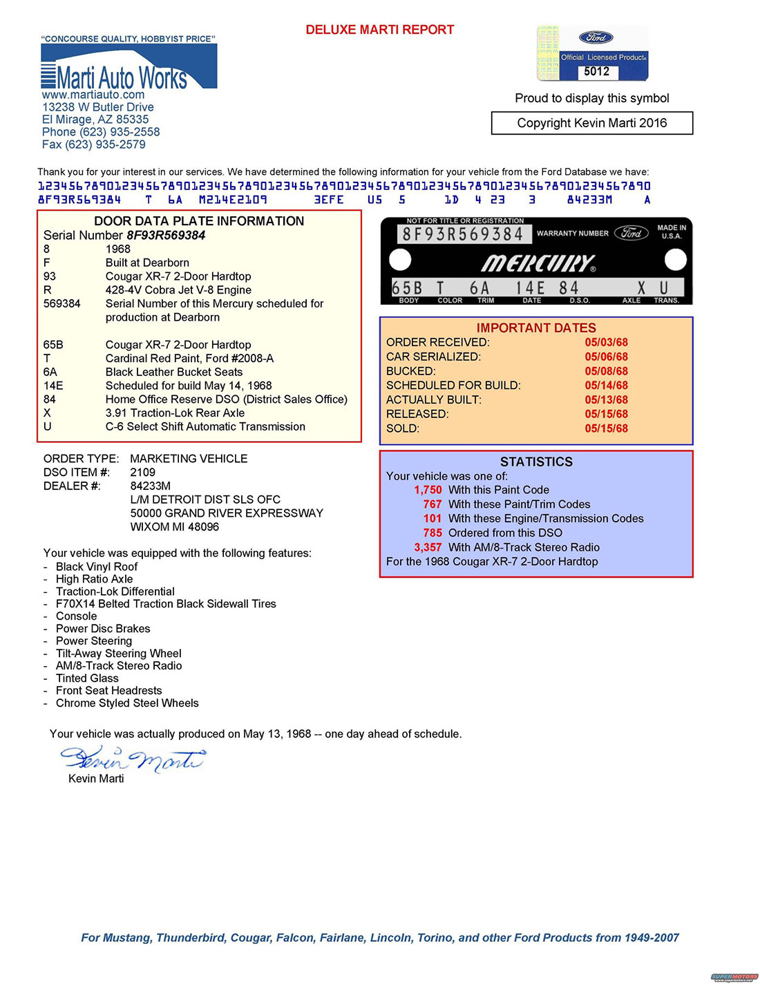 1968 Mercury Cougar R-Code Option Marti Report