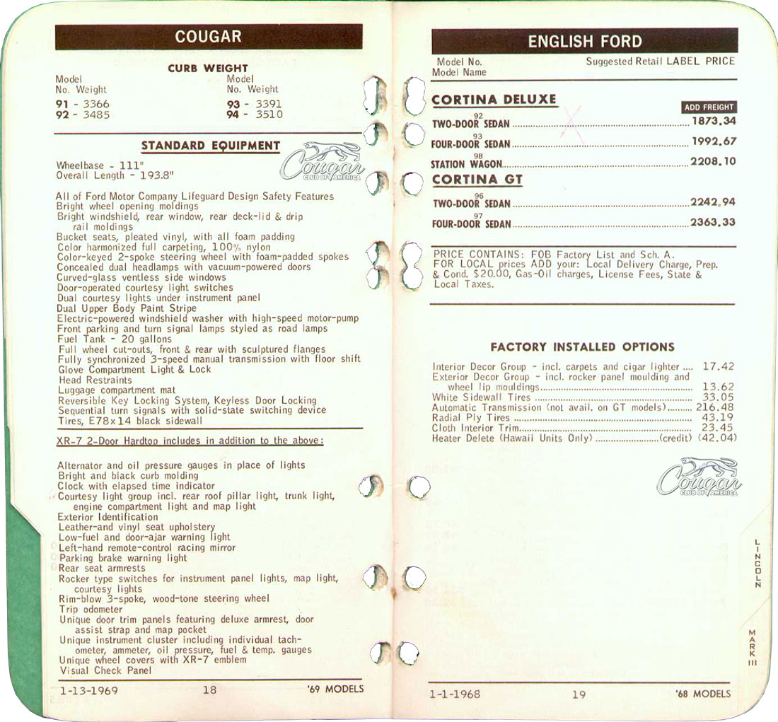 Lincoln-Mercury Dealer Order Book for the 1969 Mercury Cougar