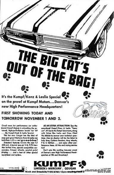 1969 Kumpf / Kenz & Leslie Special Mercury Cougar Ad