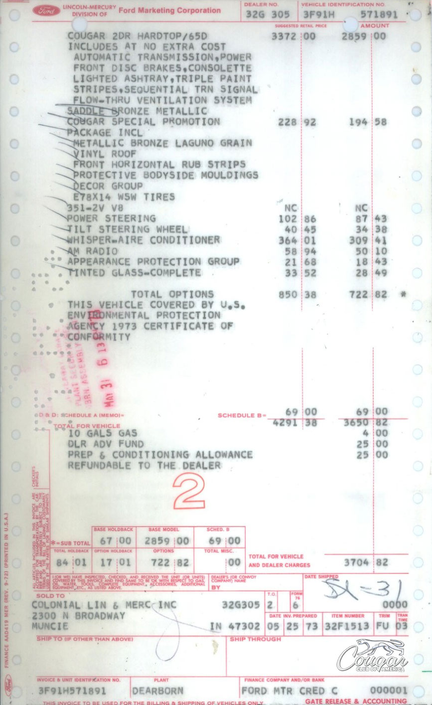1973 Bronze Age Mercury Cougar Invoice